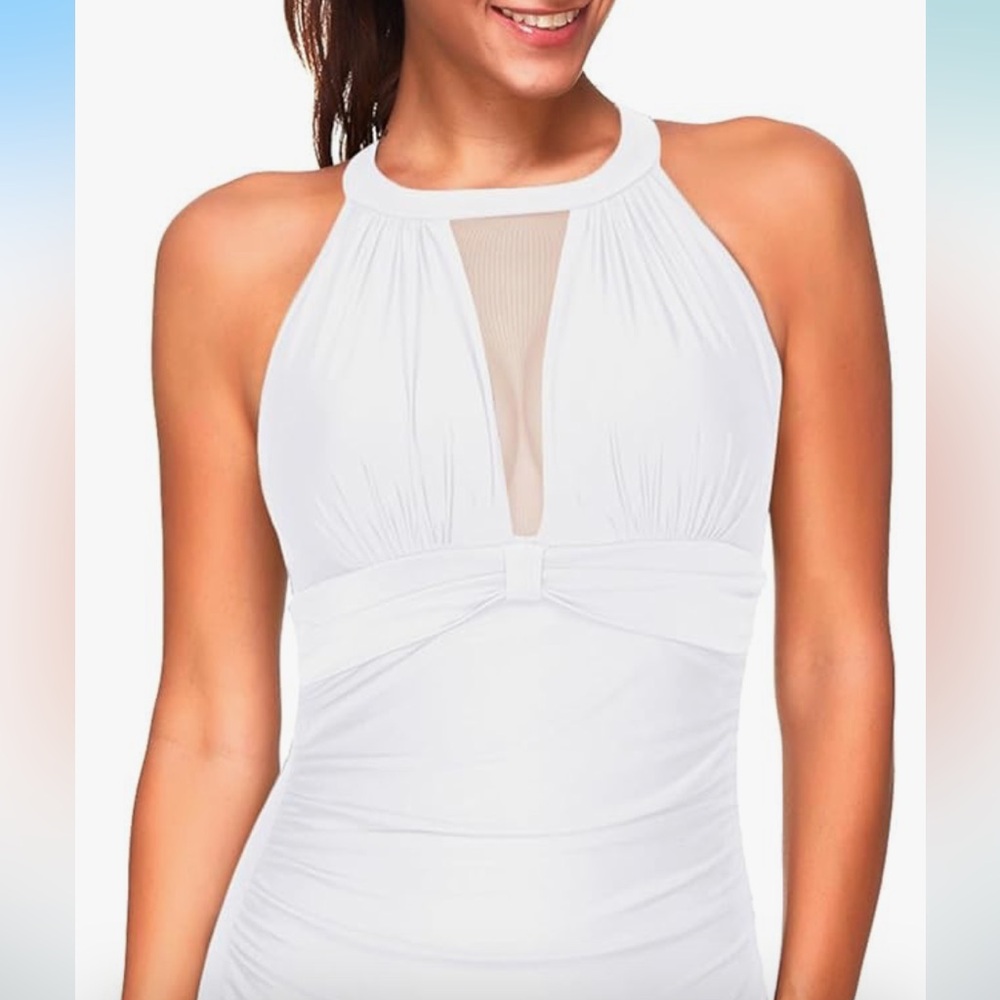 🚘Tempt Me high neck plunge rushed tummy control 1 pcsWhite Halter Neck Swimsuit